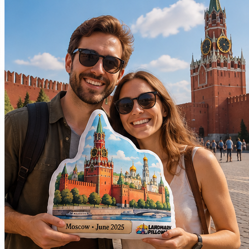 Travel couple holding a Moscow Kremlin Landmark Pillow in front of the Kremlin