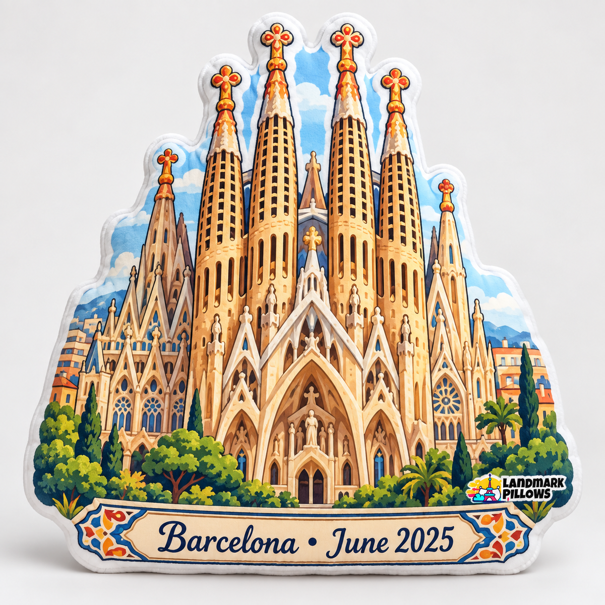 Sagrada Familia shaped pillow with personalized Barcelona plaque