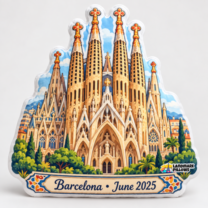 Sagrada Familia shaped pillow with personalized Barcelona plaque