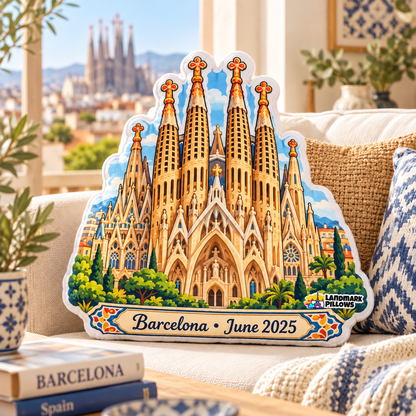 Sagrada Familia pillow styled in a bright Barcelona-inspired living room