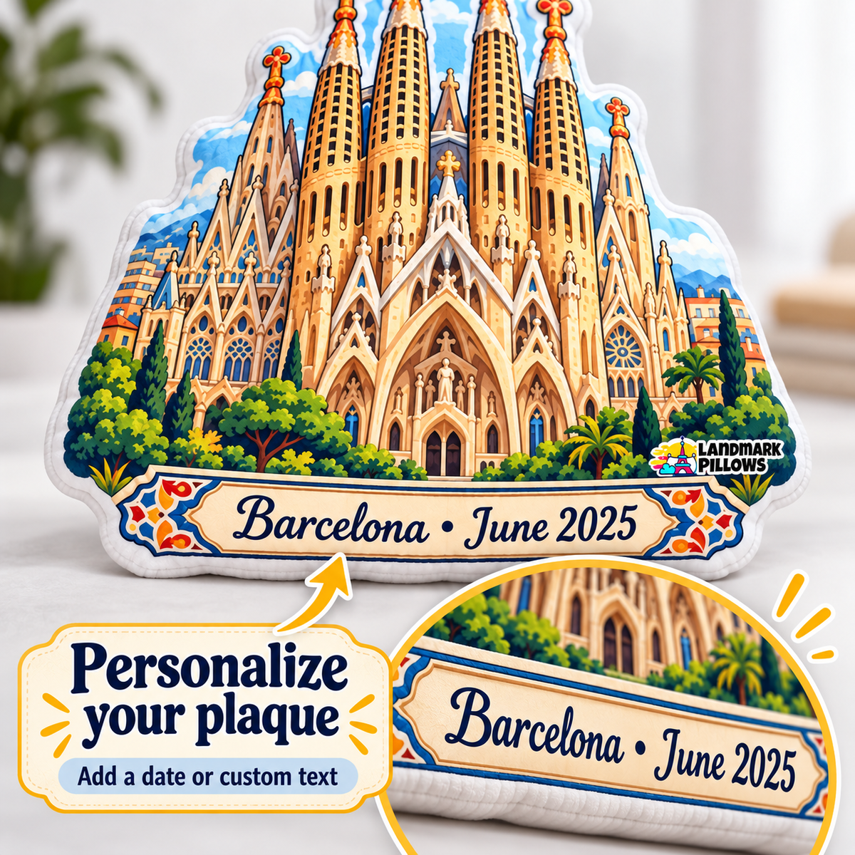 Close-up of Sagrada Familia pillow personalized plaque with Barcelona date text