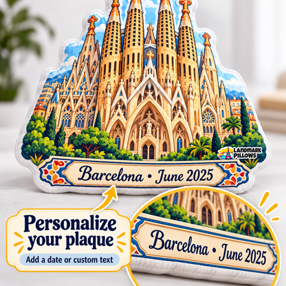 Close-up of Sagrada Familia pillow personalized plaque with Barcelona date text