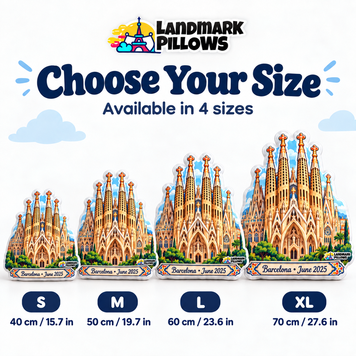 Sagrada Familia pillow size guide showing S M L XL in centimeters and inches
