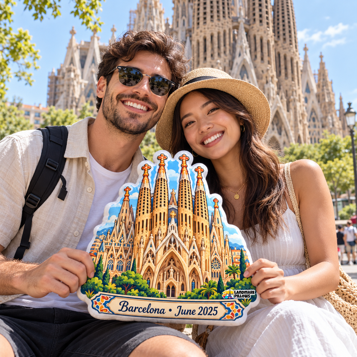 Young couple holding a Sagrada Familia pillow in Barcelona