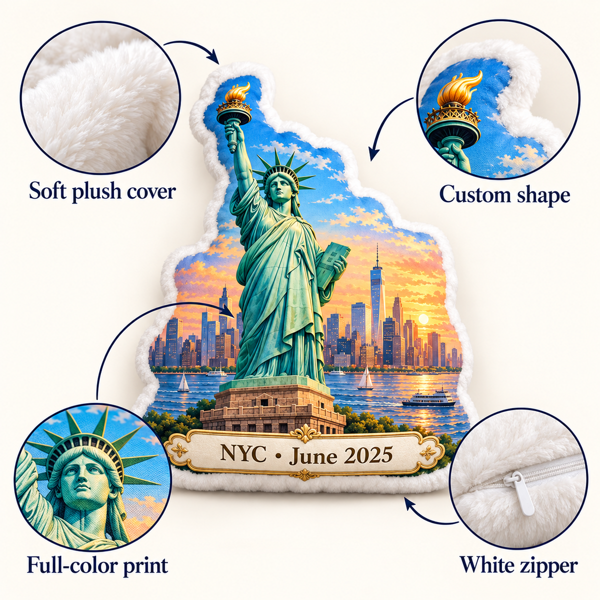 Statue of Liberty pillow features including soft plush cover custom shape full-color print and white zipper