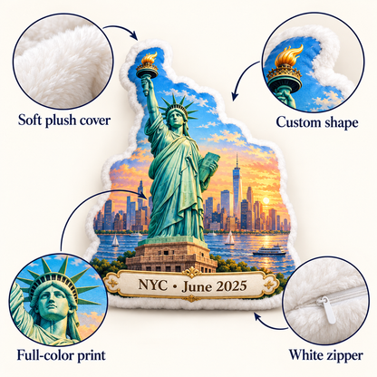 Statue of Liberty pillow features including soft plush cover custom shape full-color print and white zipper