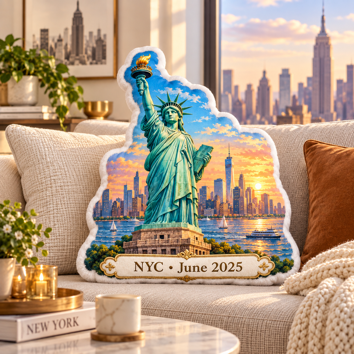 Statue of Liberty pillow styled in a warm New York apartment living room