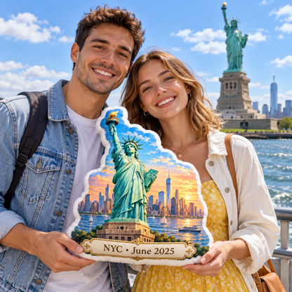 Young couple holding a personalized Statue of Liberty pillow in New York