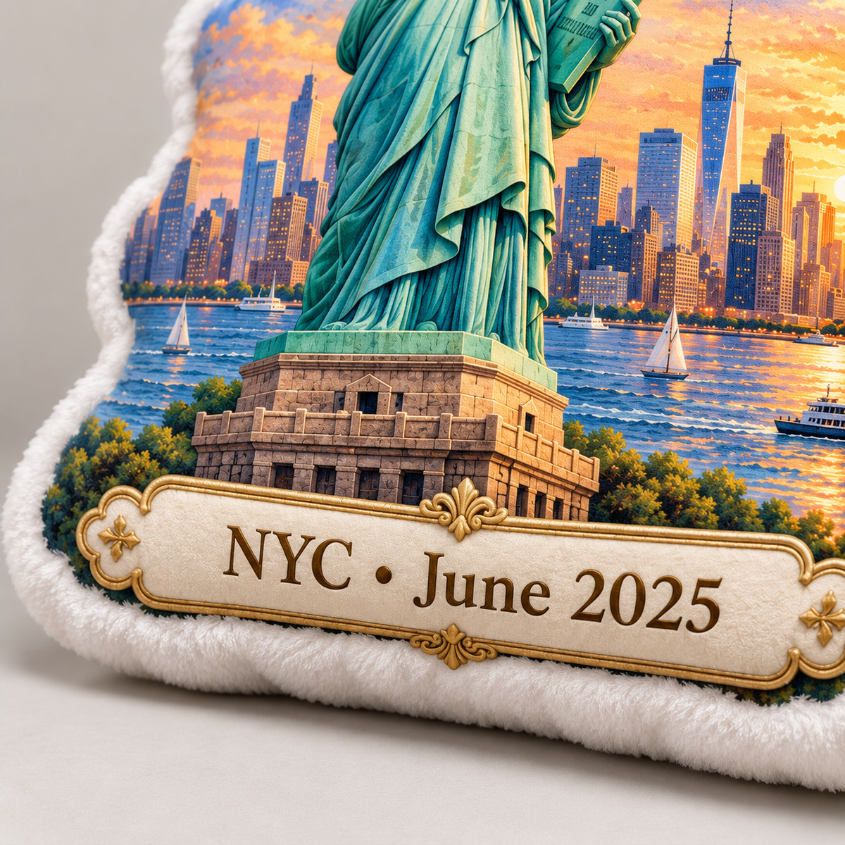 Close-up of Statue of Liberty pillow personalized plaque reading NYC June 2025