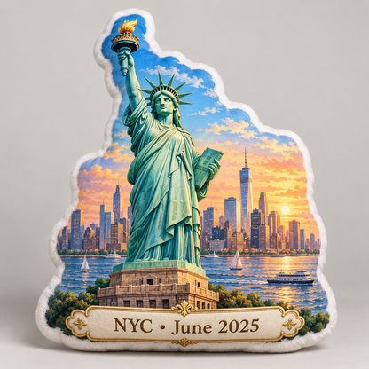 Personalized Statue of Liberty pillow with NYC June 2025 plaque
