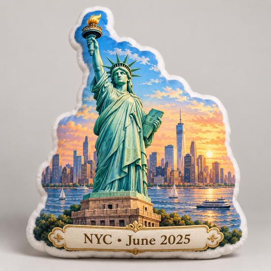 Personalized Statue of Liberty pillow with NYC June 2025 plaque