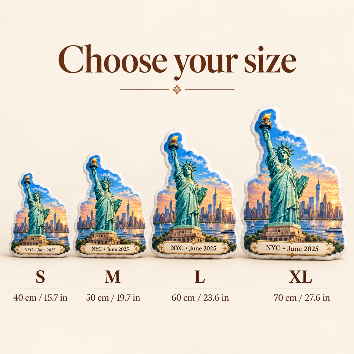 Statue of Liberty pillow size guide showing S M L and XL from 40 to 70 cm