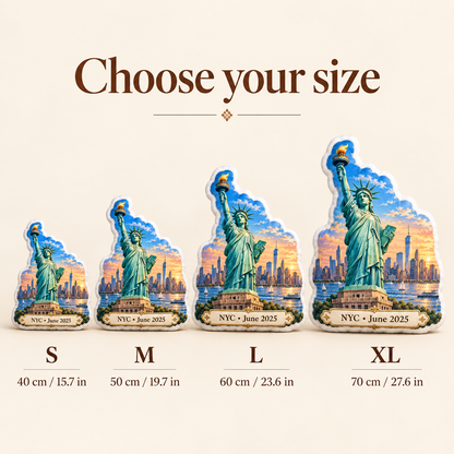 Statue of Liberty pillow size guide showing S M L and XL from 40 to 70 cm