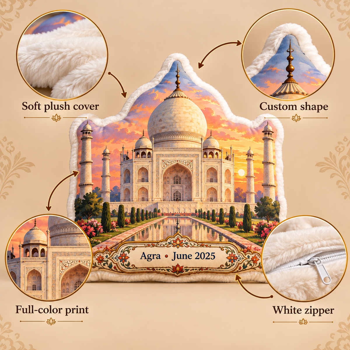 Taj Mahal pillow features including soft plush cover custom shape full-color print and white zipper
