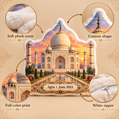 Taj Mahal pillow features including soft plush cover custom shape full-color print and white zipper