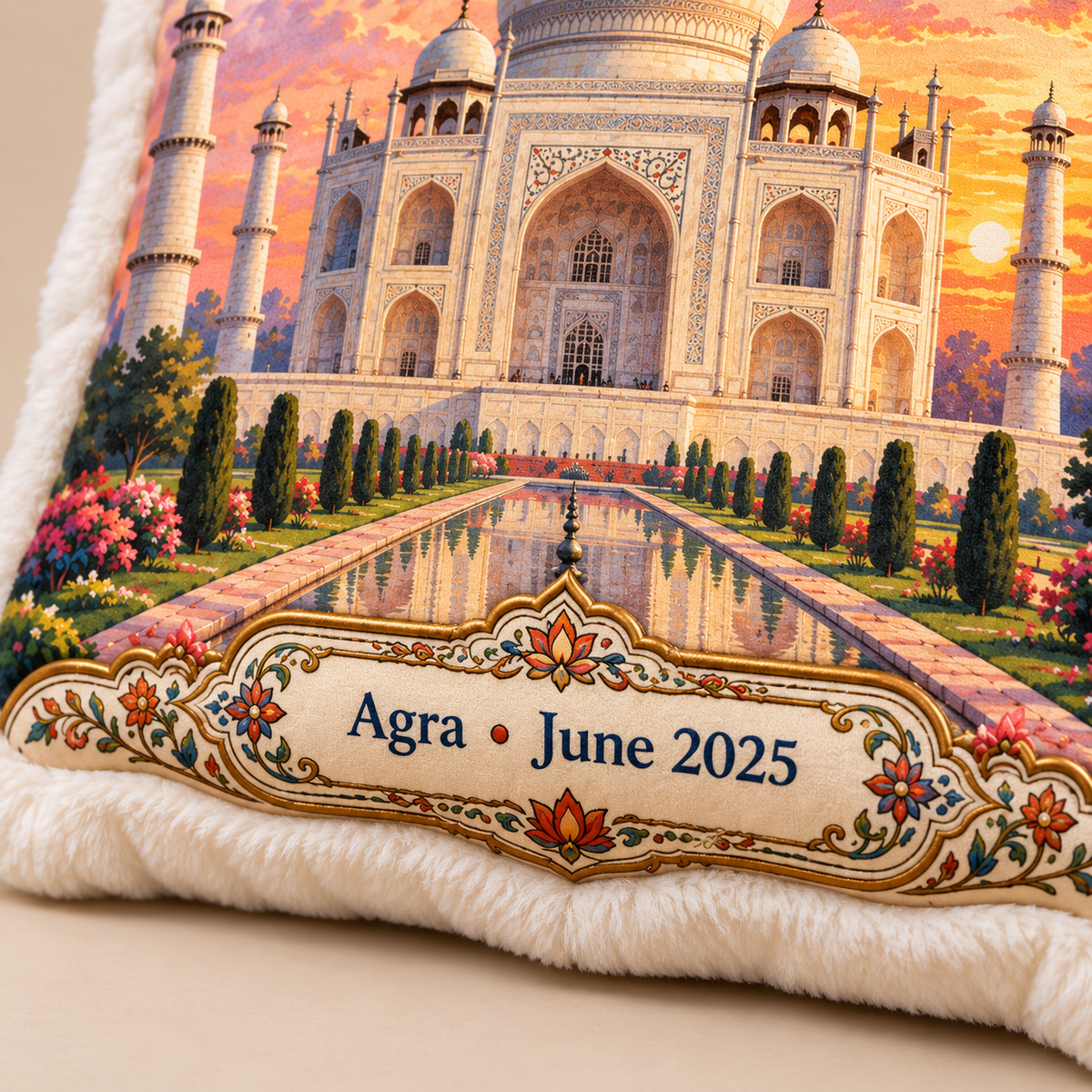 Close-up of Taj Mahal pillow personalized plaque reading Agra June 2025