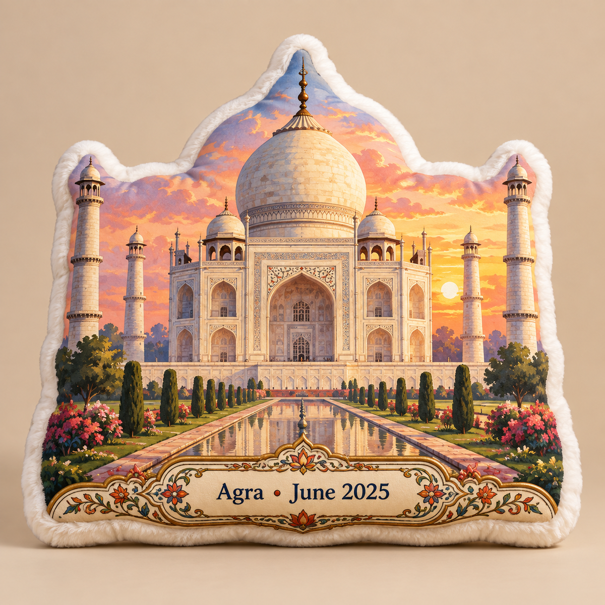 Personalized Taj Mahal pillow with Agra June 2025 plaque