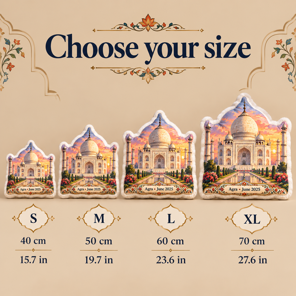 Taj Mahal pillow size guide showing S M L and XL from 40 to 70 cm