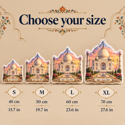 Taj Mahal pillow size guide showing S M L and XL from 40 to 70 cm