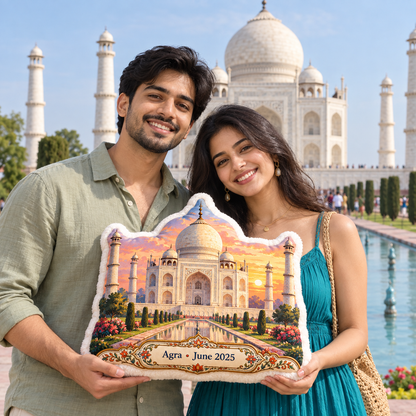 Young couple holding a personalized Taj Mahal pillow in Agra India