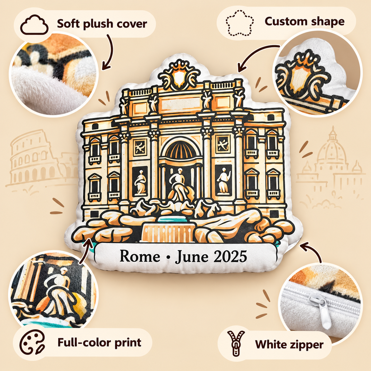 Trevi Fountain pillow features including soft plush cover custom shape full-color print and white zipper
