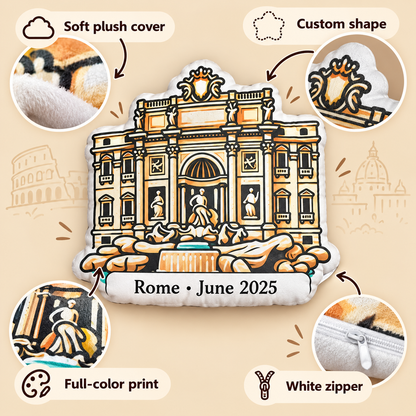 Trevi Fountain pillow features including soft plush cover custom shape full-color print and white zipper
