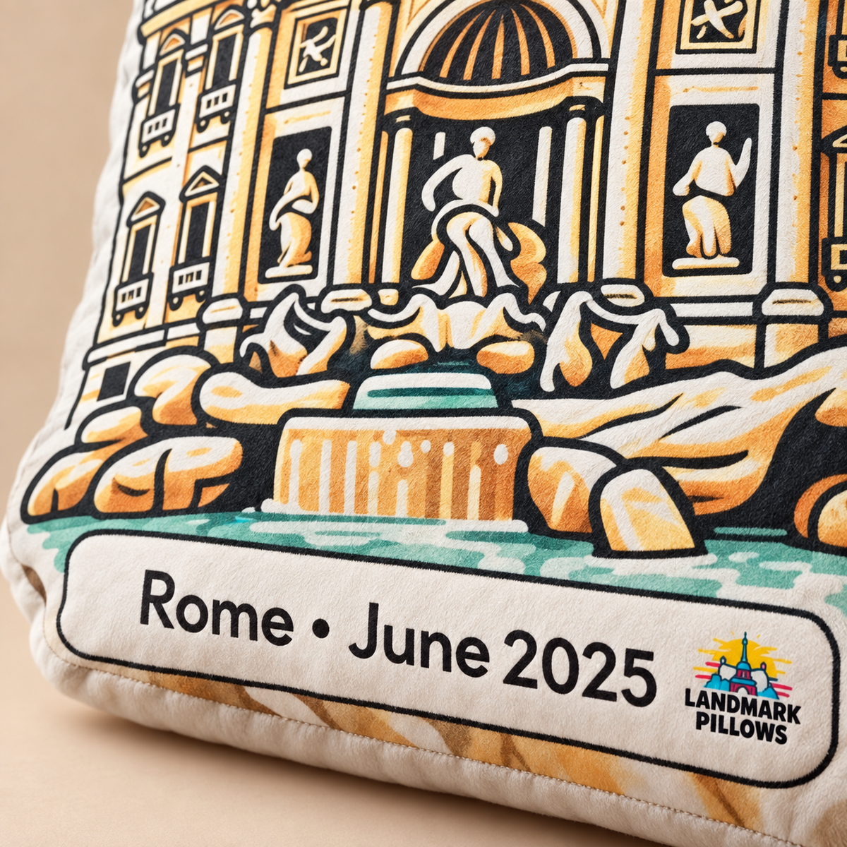 Close-up of Trevi Fountain pillow personalized plaque reading Rome June 2025