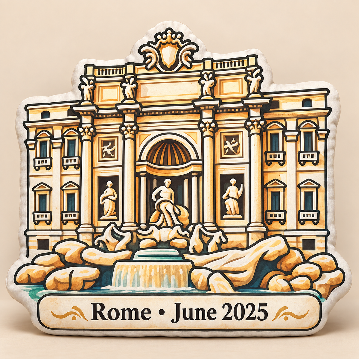 Personalized Trevi Fountain pillow with Rome June 2025 plaque