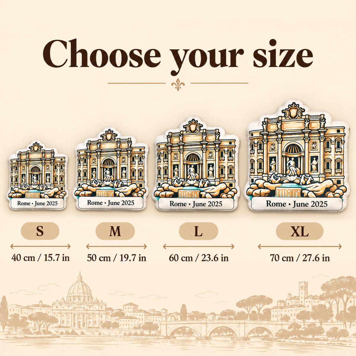 Trevi Fountain pillow size guide showing S M L and XL from 40 to 70 cm