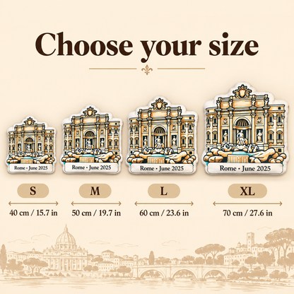 Trevi Fountain pillow size guide showing S M L and XL from 40 to 70 cm